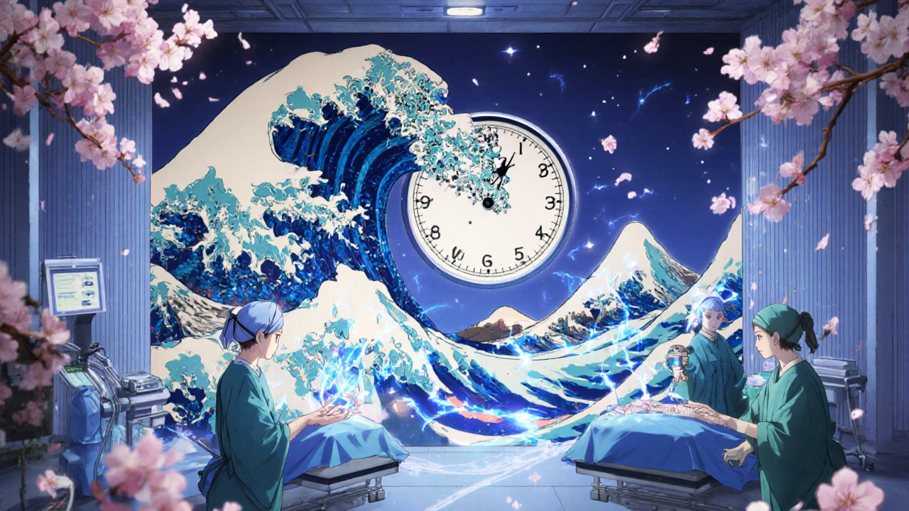 Échange de reins entre deux paires dans un théâtre opératoire flottant, avec des fleurs de cerisier et des fils lumineux.