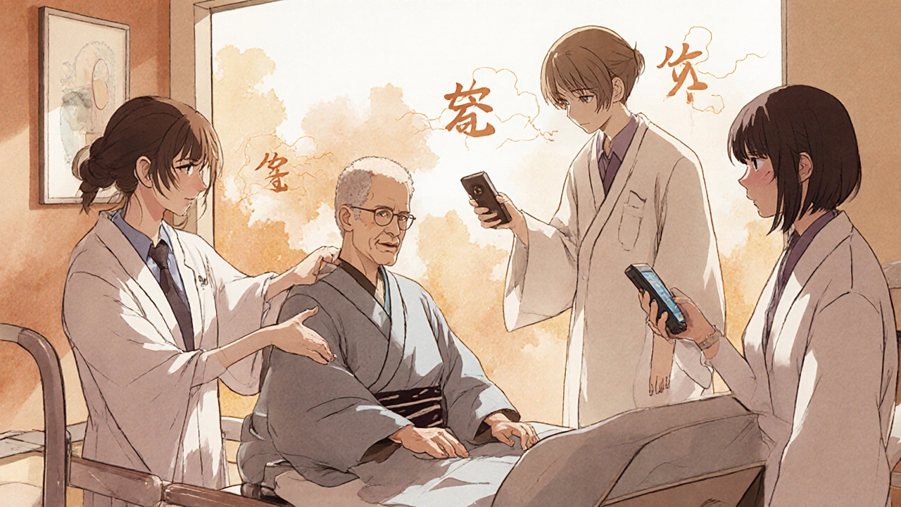 Équipe de réhabilitation aidant un patient avec des outils adaptés, dans une pièce lumineuse aux influences japonaises.