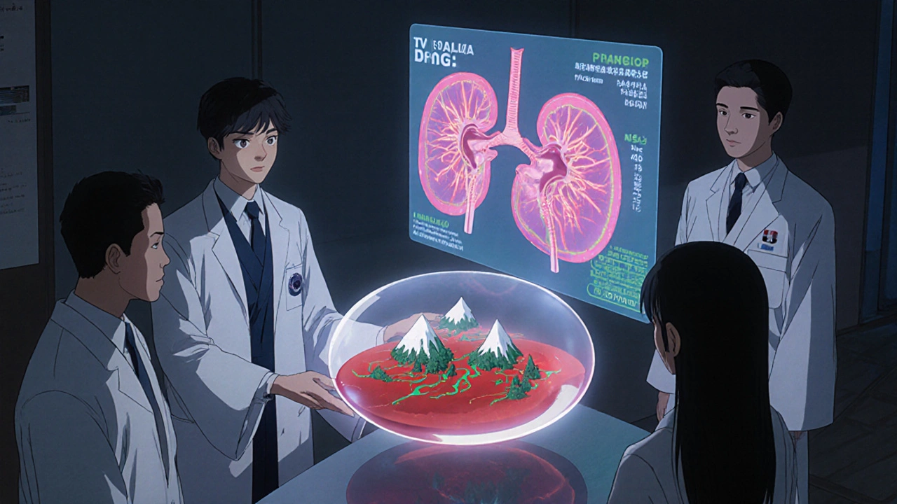 Équipe médicale observant un hologramme de rein et de poumons avec des données de surveillance en temps réel.