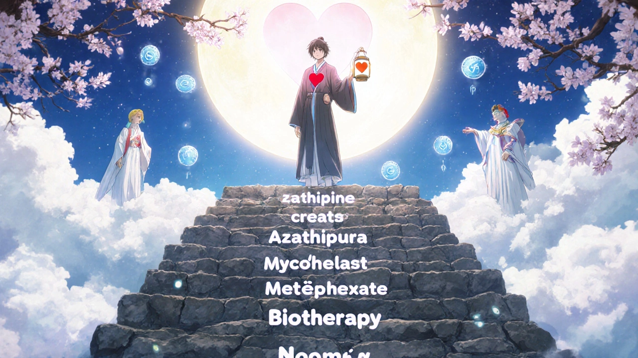 Escalier des traitements immuno-suppressifs menant à une lumière apaisante, symbolisant l'évolution des options thérapeutiques.