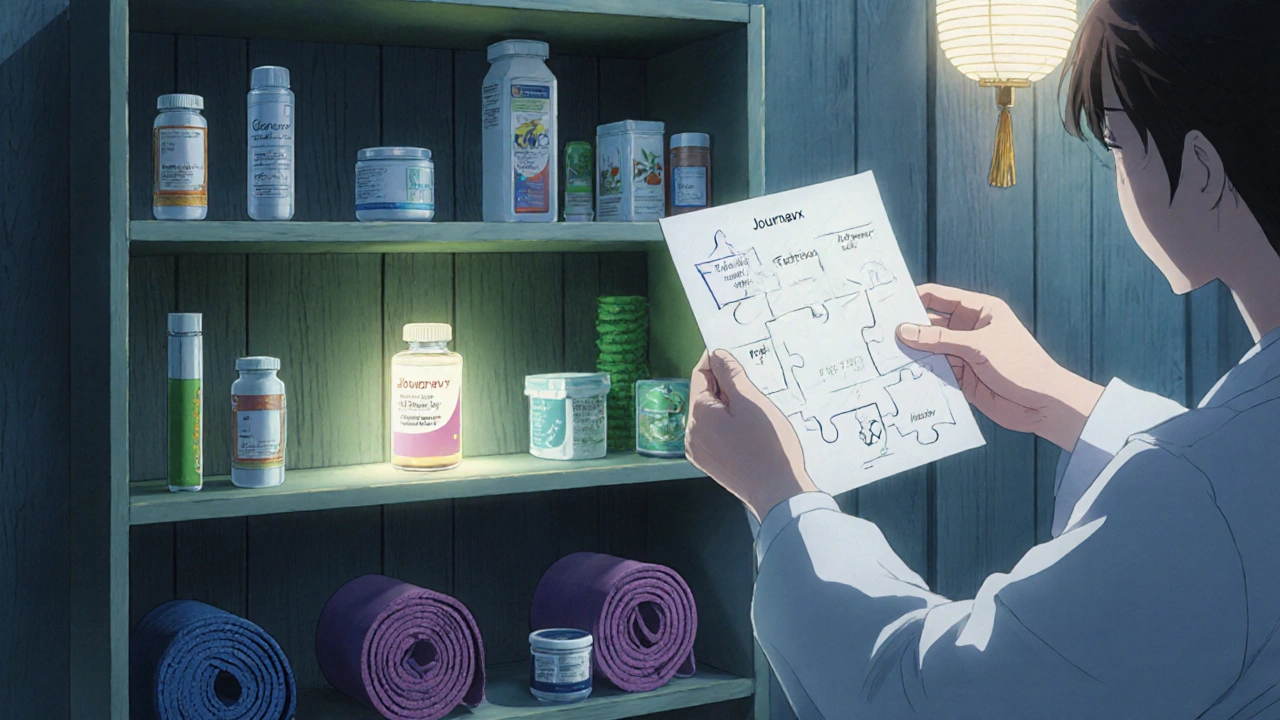 Étagère de pharmacie avec traitements non opioïdes et un nouveau médicament appelé Journavx.
