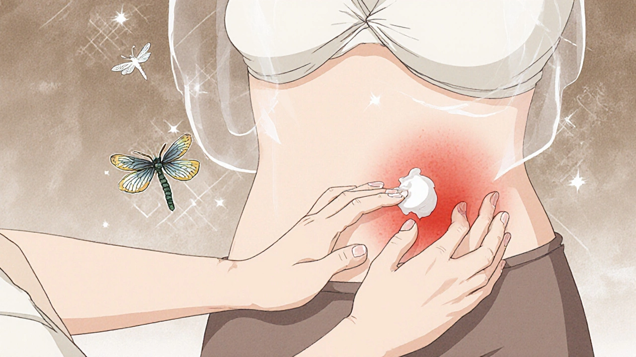 Femme enceinte appliquant une crème sur son ventre, lumière douce et motifs traditionnels.