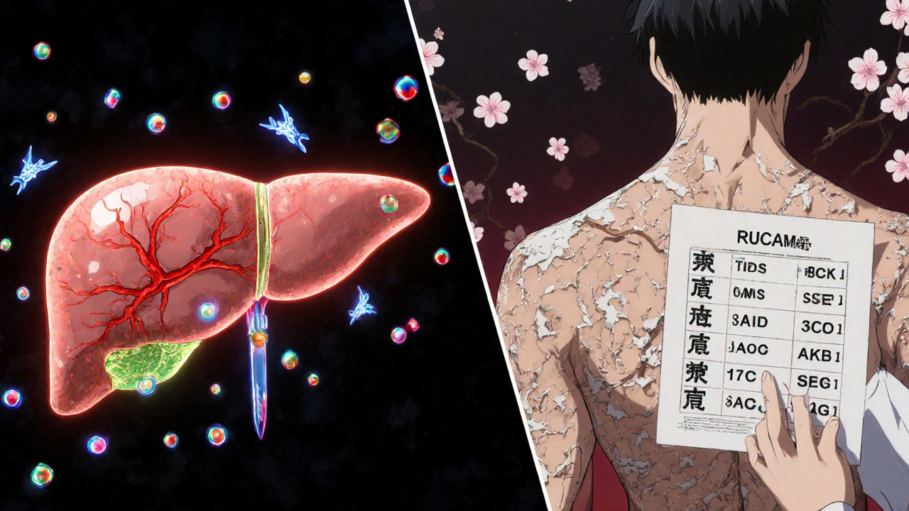 Foie toxique et peau qui se détache, entourés de symboles génétiques et de scores médicaux.