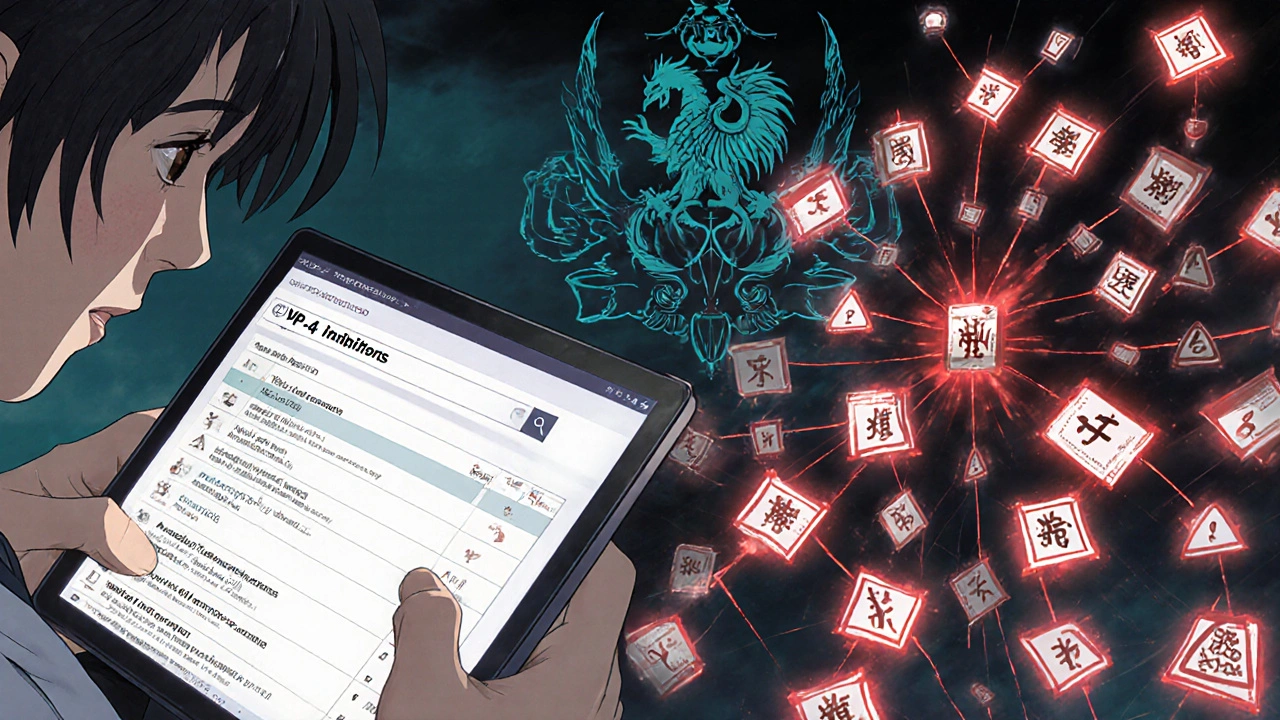 Interface de recherche FDALabel avec des molécules et codes MedDRA s&#039;animant en arrière-plan, dans un style anime influencé par l&#039;ukiyo-e.