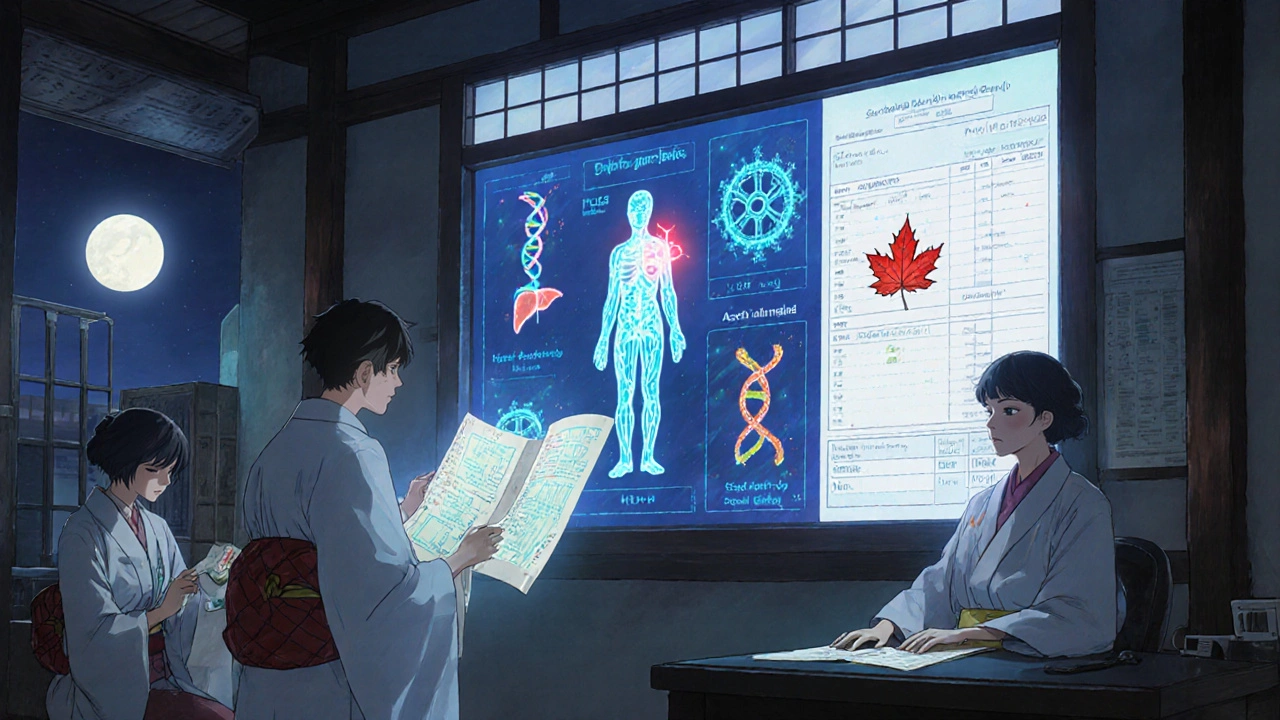 Laboratoire futuriste en style japonais ancien, avec des brins d&#039;ADN holographiques et une lune pleine.