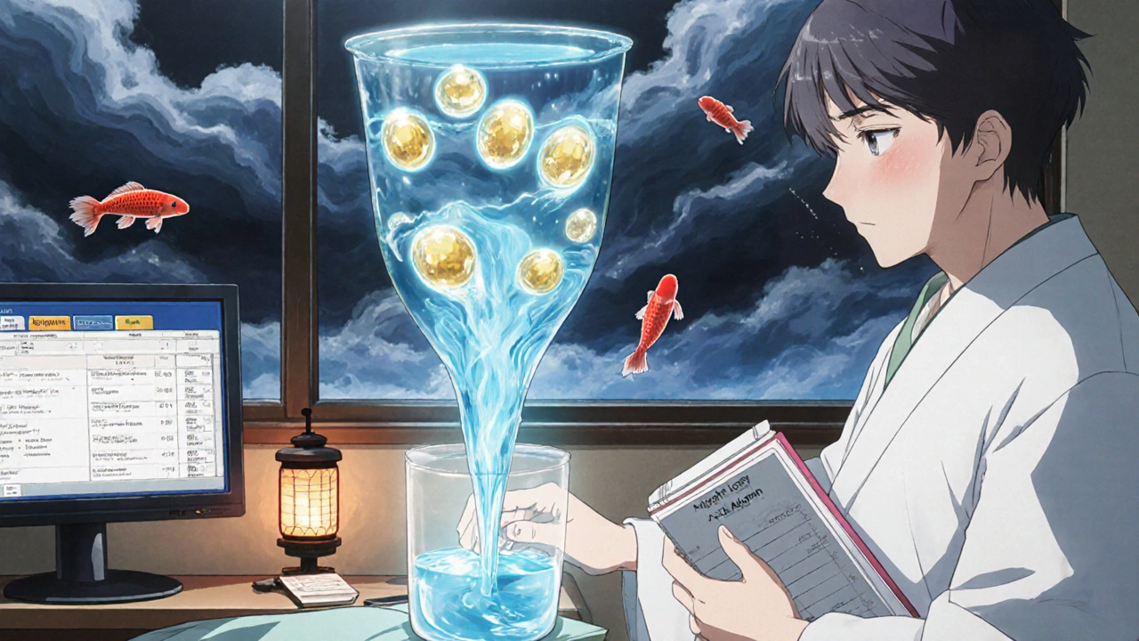 Médecin effectue une paracentèse, retirant un liquide bleu brillant, avec des perles d&#039;albumine dorées stabilisant les reins, dans un style anime inspiré de l&#039;ukiyo-e.