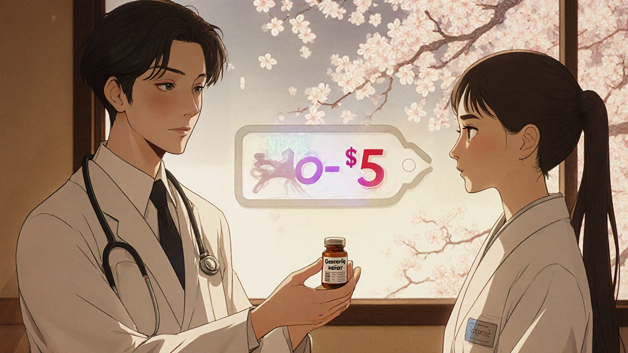 Médecin remettant un médicament générique à un patient, avec une visualisation moléculaire et un prix qui chute.