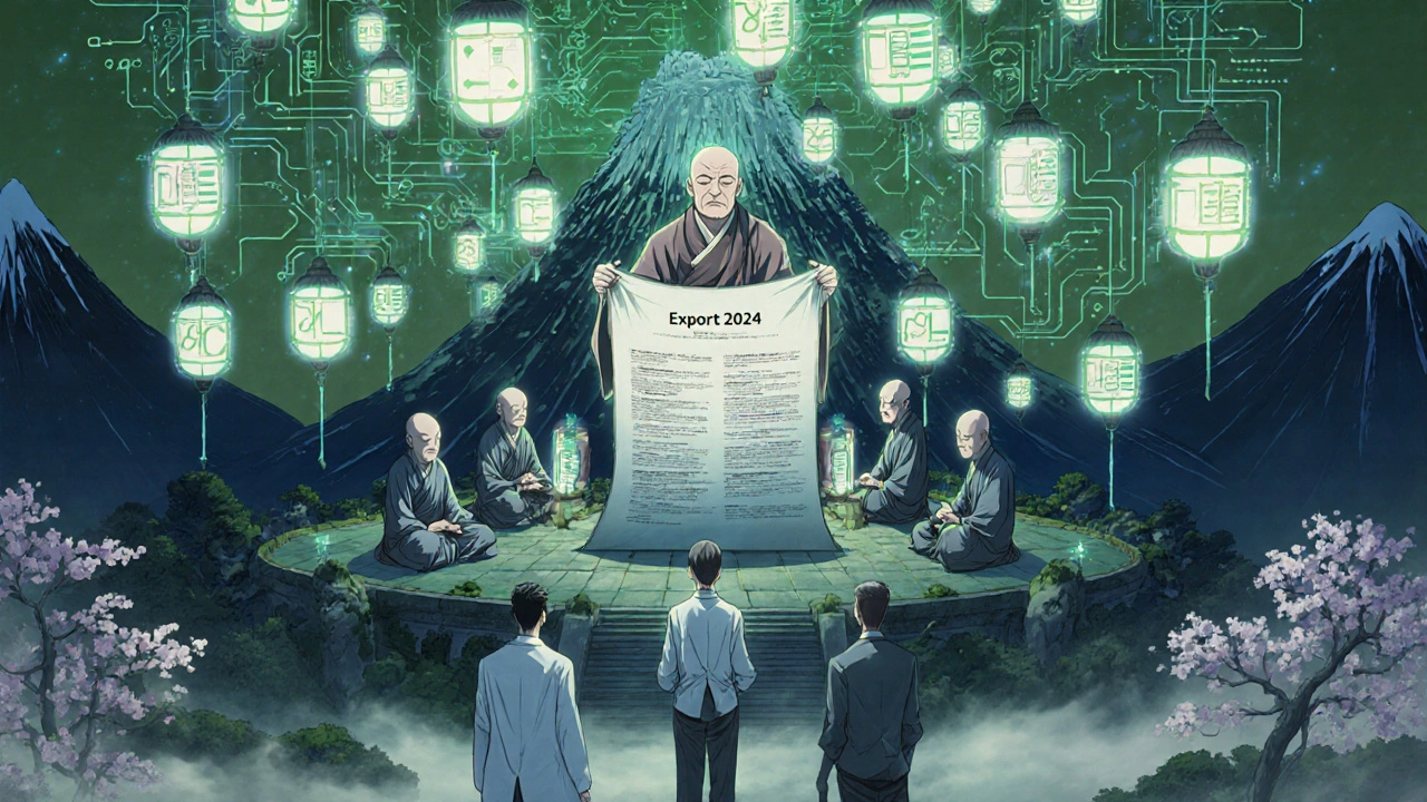 Moines en blouse blanche méditant sur des feuilles Excel flottantes, des étiquettes de médicaments holographiques tournoient dans un temple de données.