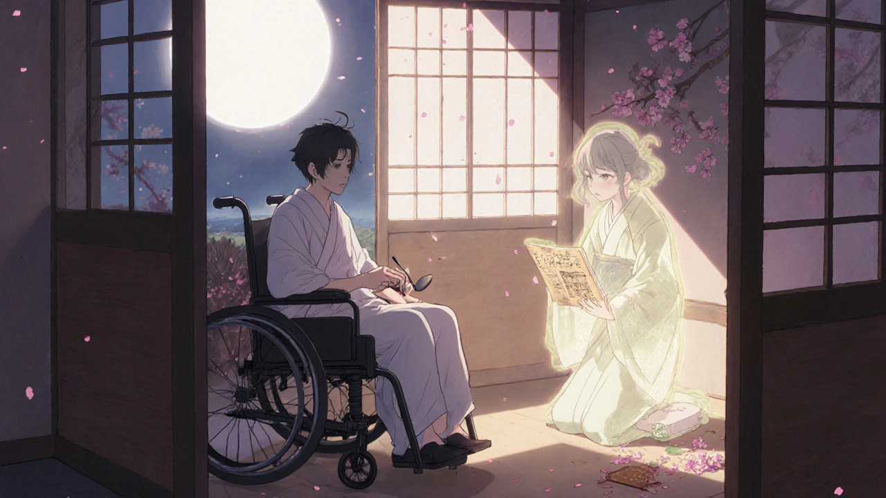 Patient à domicile utilisant des aides techniques, accompagné par une figure mentorale transparente sous la lune.