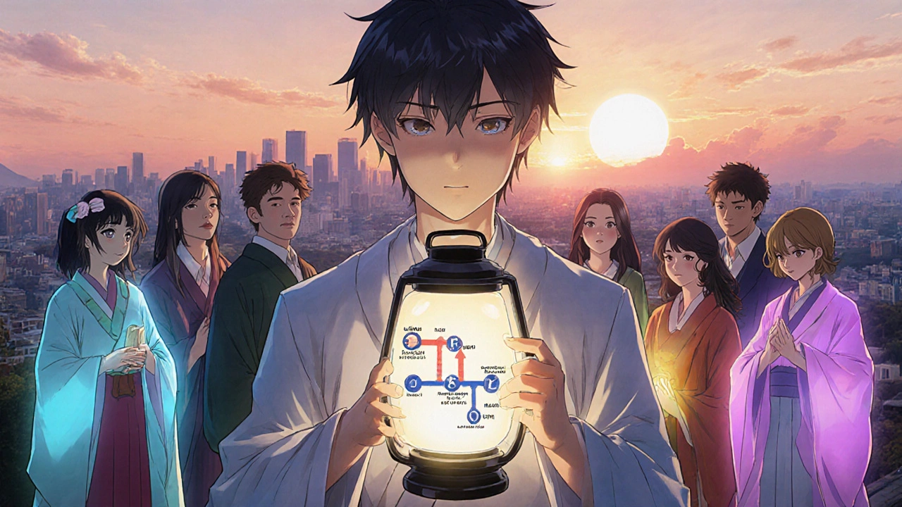 Patient tenant une boîte à pilules-lanterne projetant un horaire de sa guérison, entouré de soutiens spirituels.