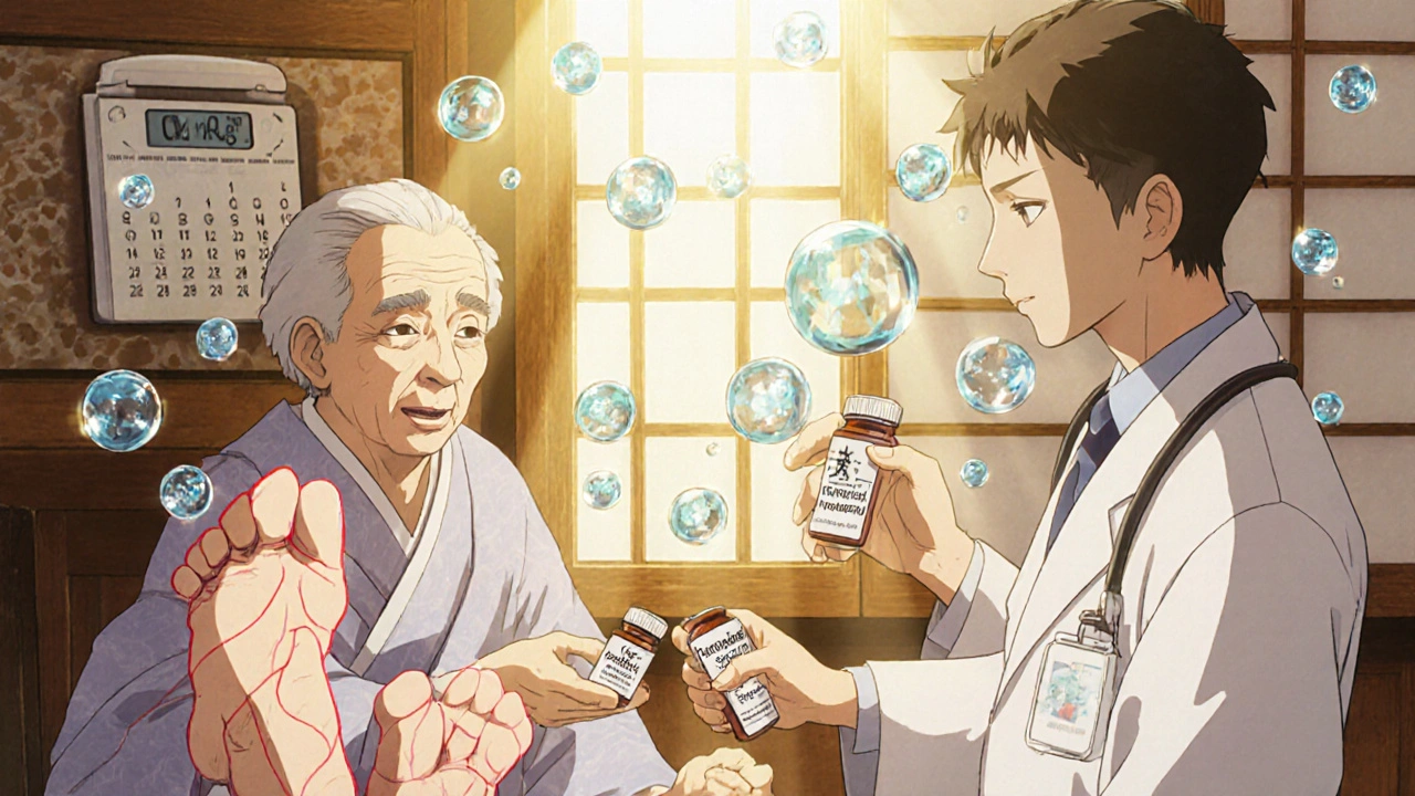 Pharmacien remet deux bouteilles de diurétiques à un patient, avec des gouttes d&#039;eau et des cristaux de sodium flottants, dans un style anime ukiyo-e.
