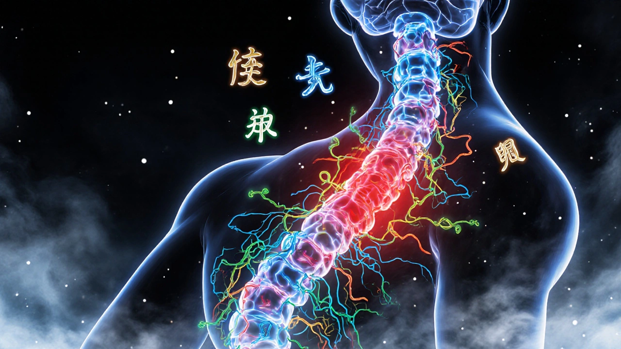 Réseau neural stylisé où des thérapies apaisent un signal de douleur rouge.