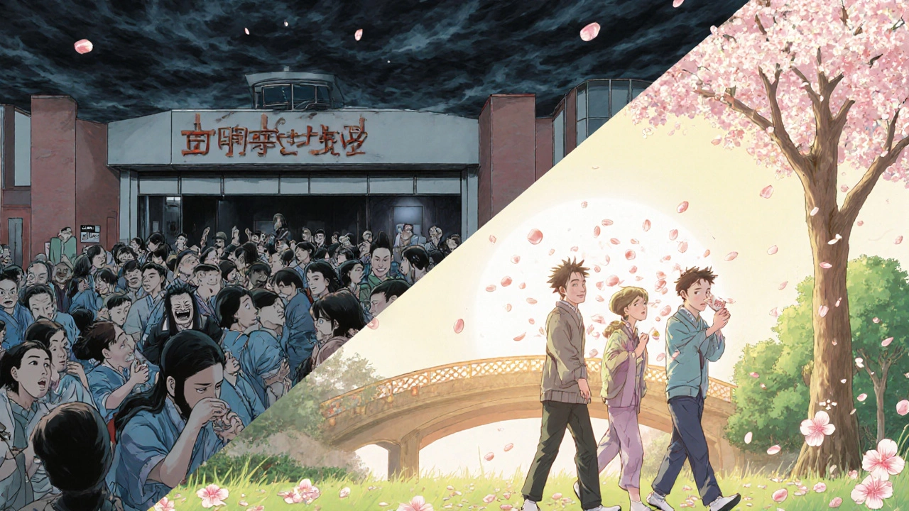 Scène divisée : urgences sombres à gauche, patients en santé à droite, reliés par un pont de pétales de cerisier.