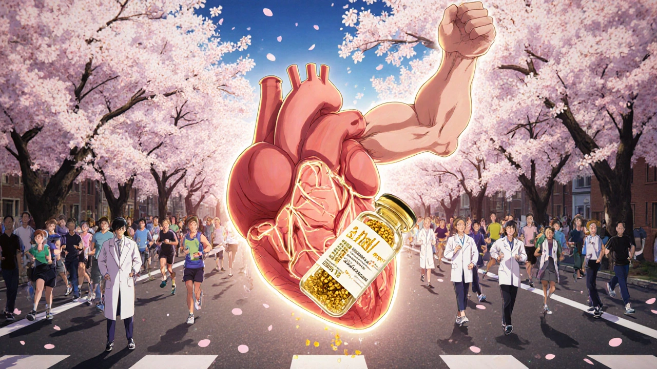 Un cœur et un bras musculaire se transforment en branches de cerisier, nourris par des particules dorées.