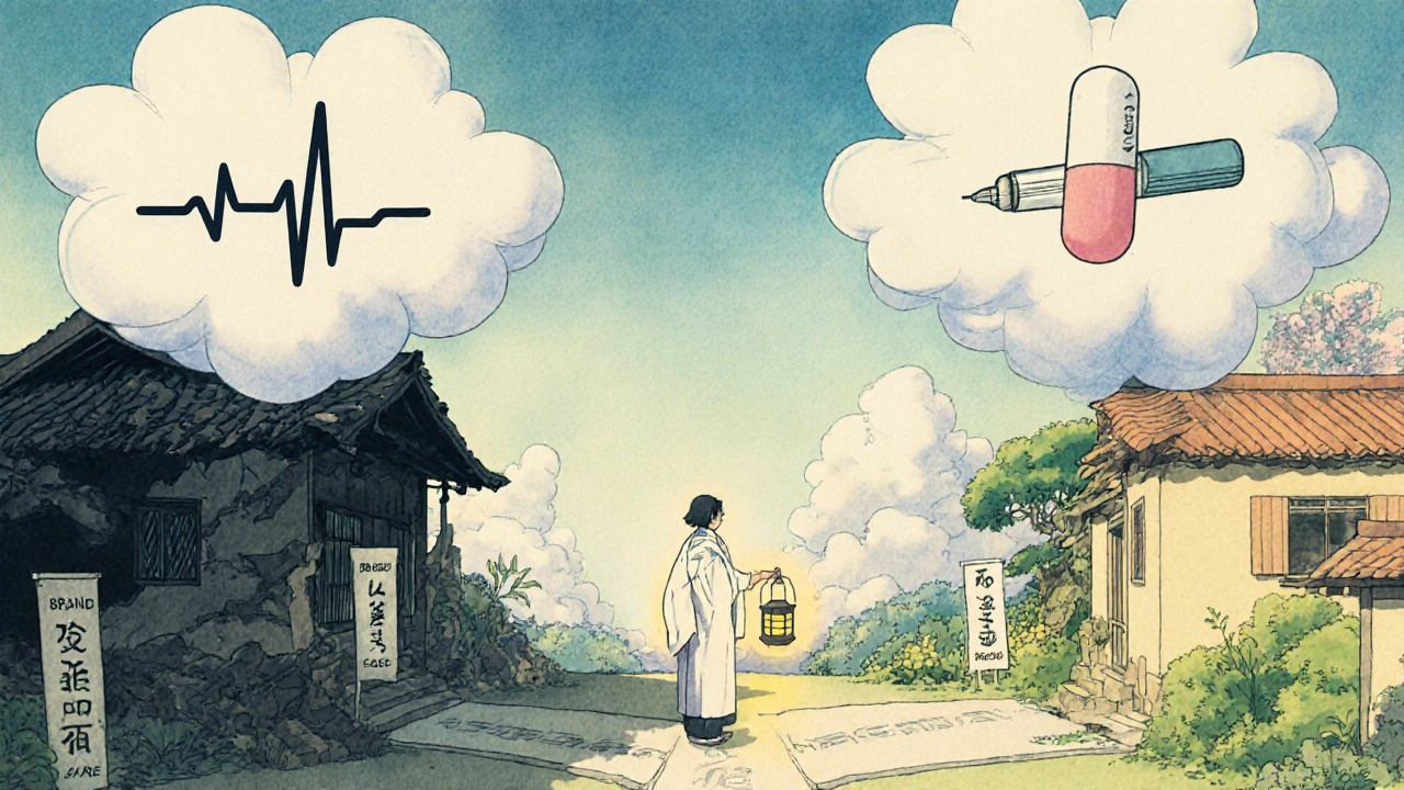 Un patient choisit entre un chemin sombre coûteux et un chemin lumineux grâce à un professionnel de santé tenant une lampe en forme de pilule.