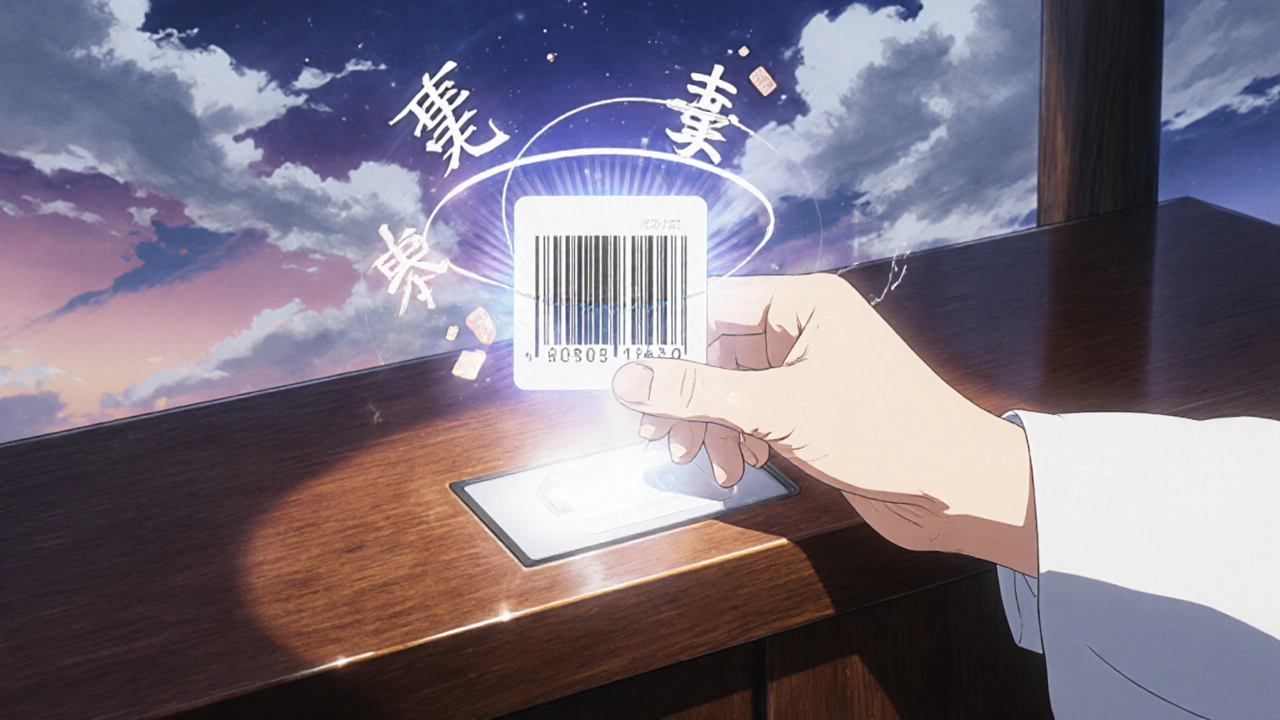 Un patient présente une carte à code-barres qui déclenche une vérification biométrique lumineuse.