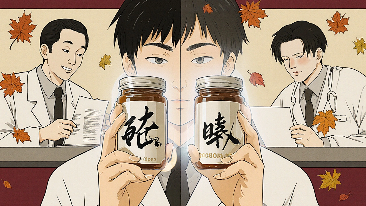 Un patient tenant deux bouteilles de pilules identiques, l&#039;une marquée, l&#039;autre générique, avec une image fantôme de la marque.