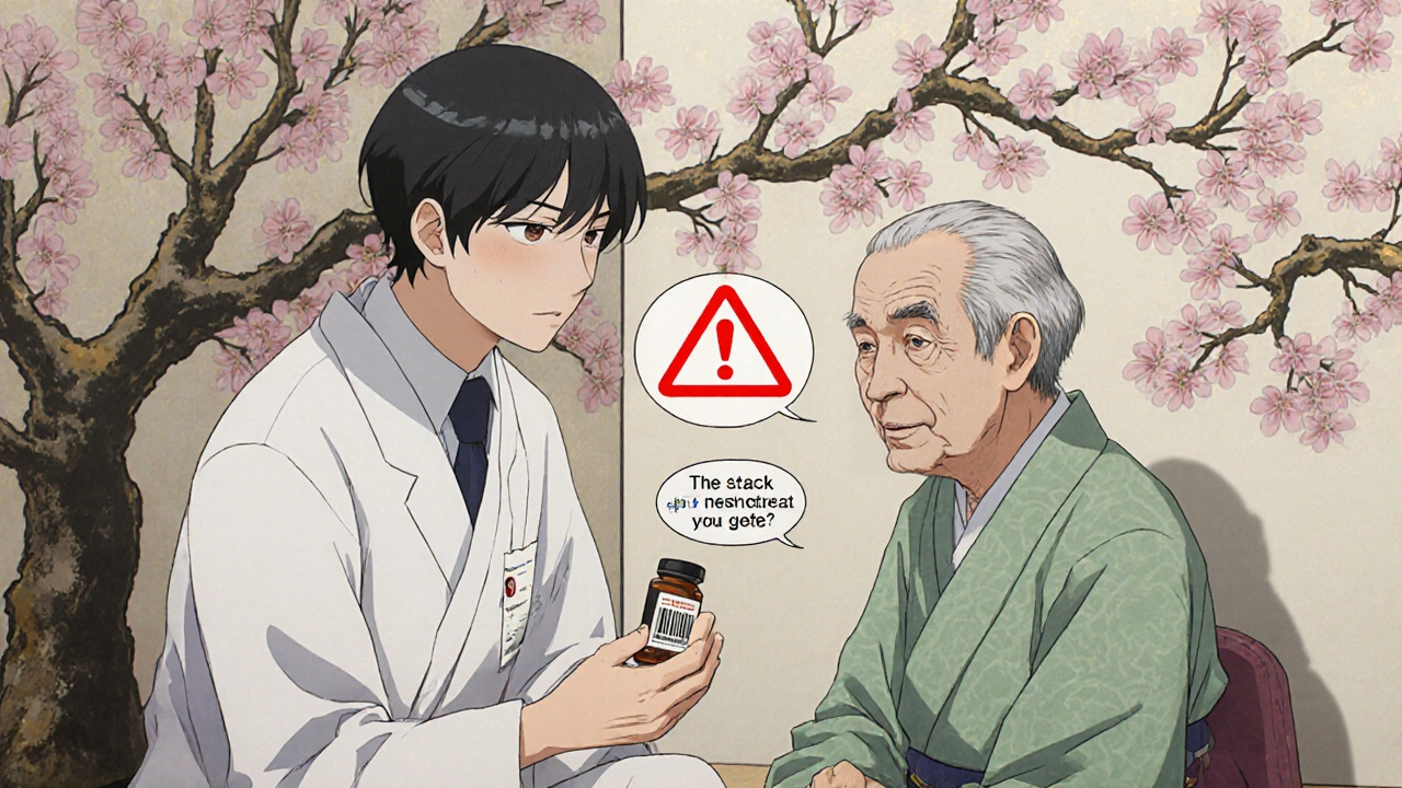 Un pharmacien conseille un patient âgé pendant une consultation médicamenteuse, un symbole d&#039;avertissement flotte près d&#039;eux.