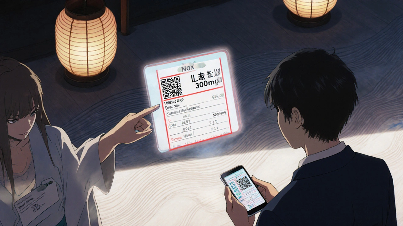Un pharmacien explique une étiquette avec un code QR lumineux et un cadre rouge entourant la dose.