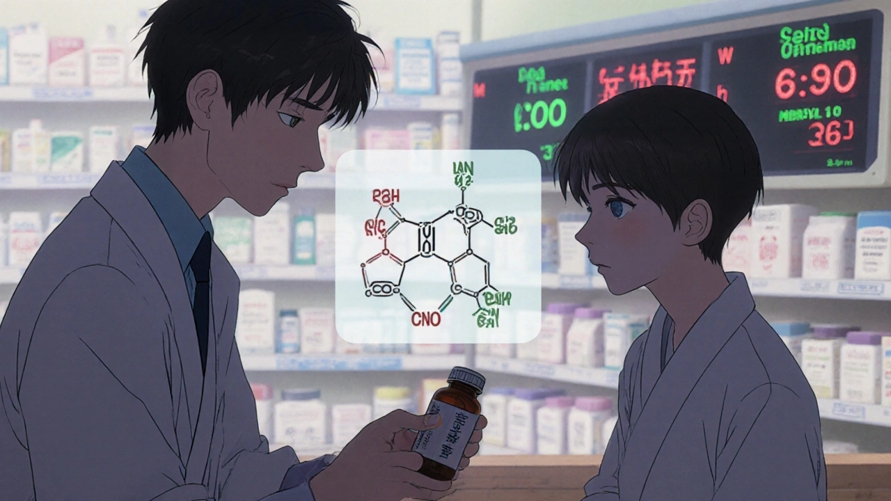 Un pharmacien remet une ordonnance à un patient, avec une visualisation transparente de la composition identique des pilules.