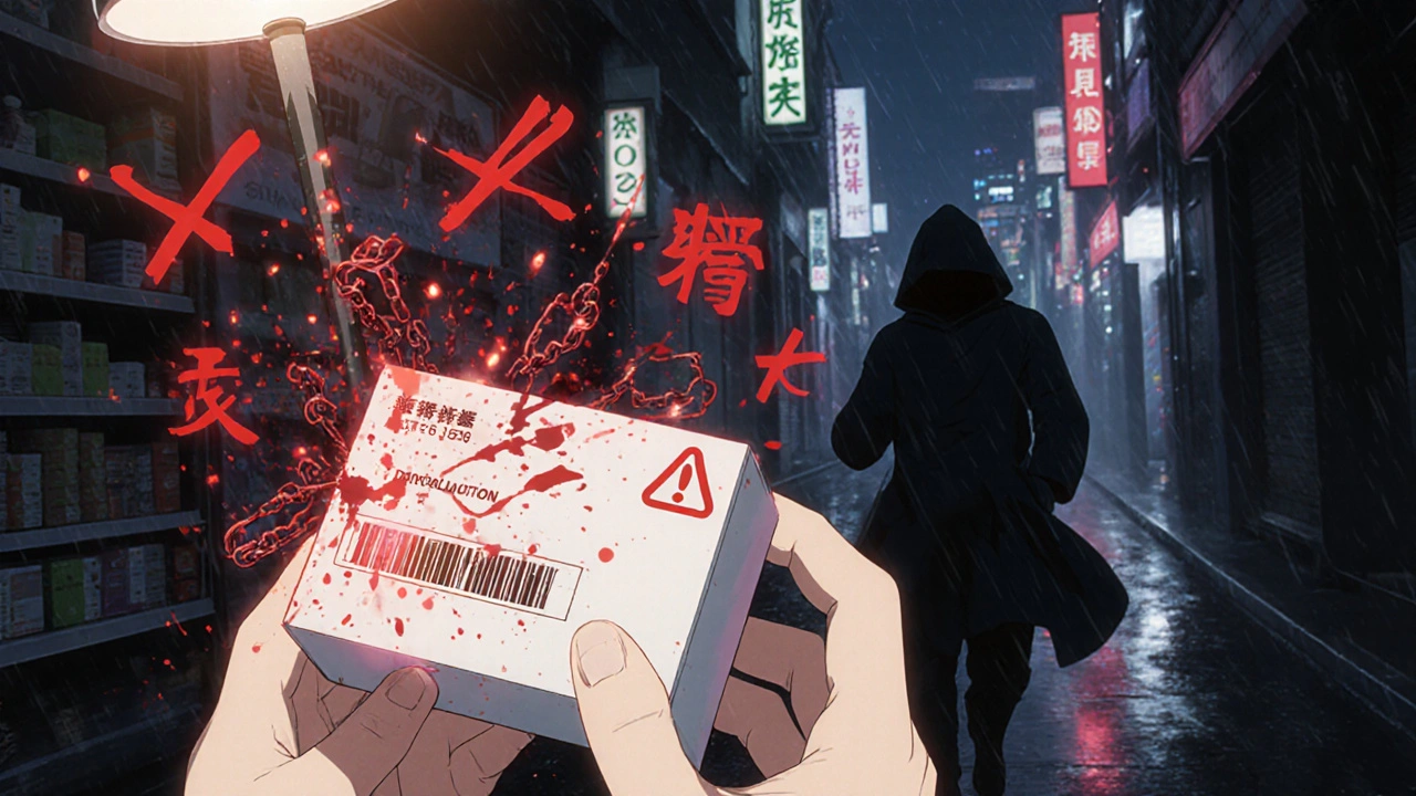 Un pharmacien tenant une boîte de médicament suspecte, des symboles d&#039;avertissement numériques exploser autour d&#039;elle dans un style encre de chine.