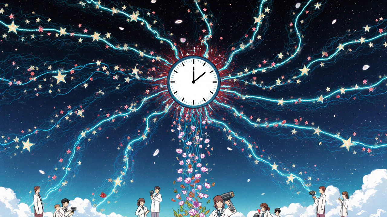 Un registre numérique céleste reliant tous les acteurs de la chaîne pharmaceutique, avec des étoiles représentant des médicaments traçables et une horloge indiquant la date limite.