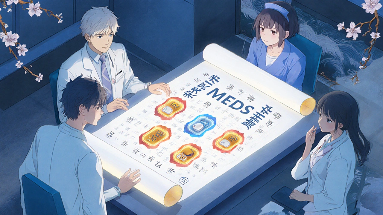 Une équipe médicale examine un écran affichant un cadre de déprescription, avec cinq médicaments qui disparaissent progressivement en style anime influencé par l&#039;ukiyo-e.