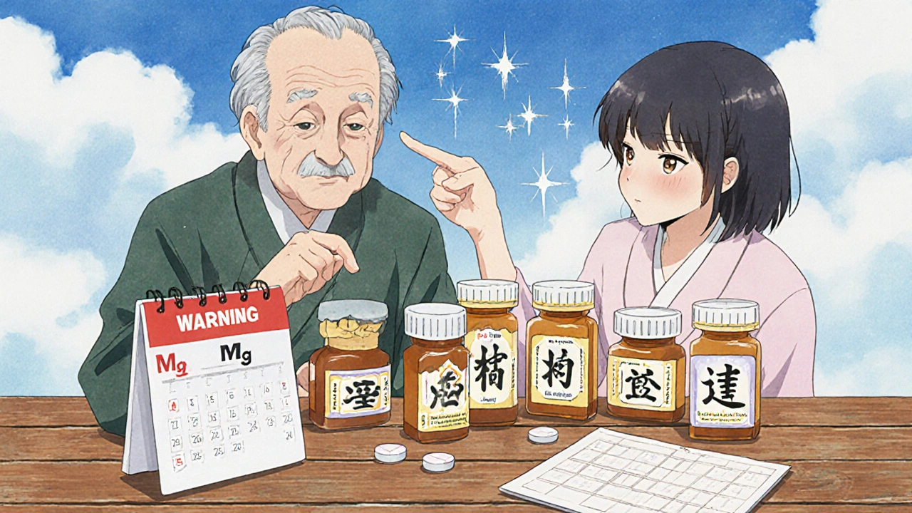 Une famille vérifie ensemble plusieurs médicaments, des symboles lumineux indiquent les doses et unités.