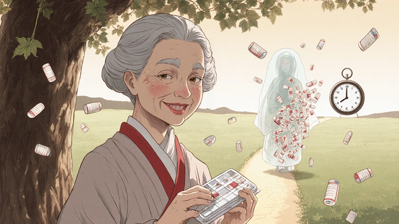 Une femme âgée sourit, tenant un organisateur de comprimés vide, tandis qu&#039;une silhouette fantomatique de son ancien moi chargé de pilules s&#039;évanouit dans le vent.