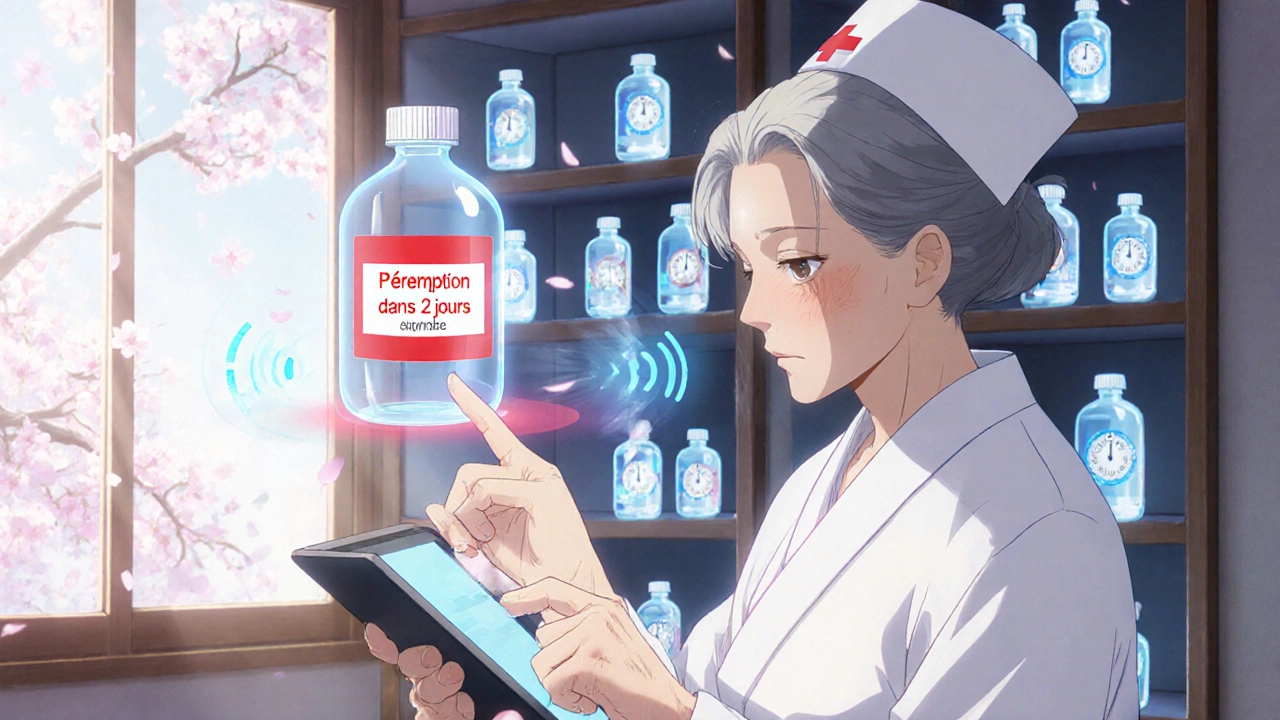 Une personne âgée utilise une tablette pour scanner un médicament, avec une avatar de soignante affichant une alerte de péremption.