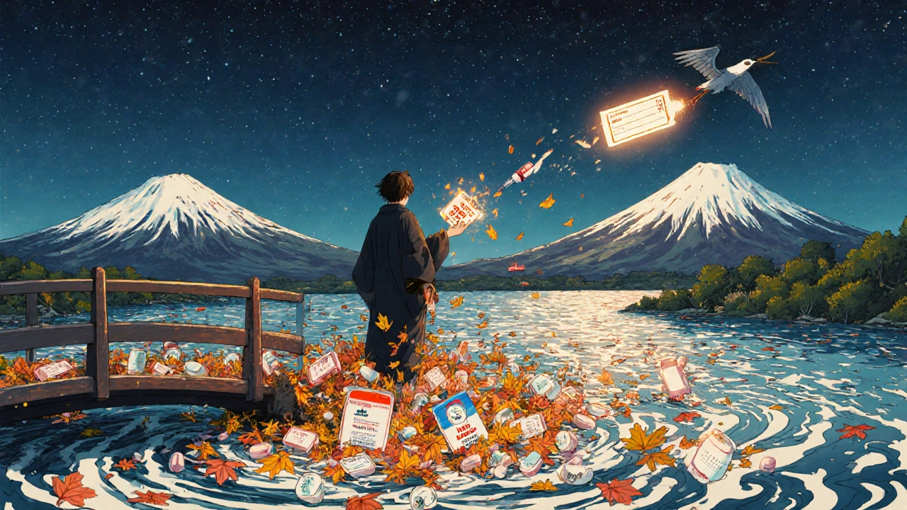 Une personne sur un pont, détruisant un pack contrefait tandis qu&#039;une ordonnance lumineuse flotte vers elle.