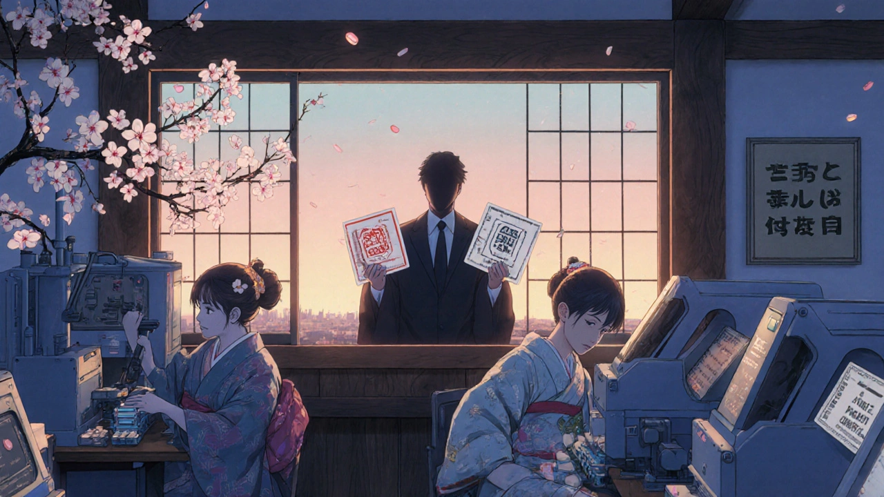 Une usine pharmaceutique traditionnelle moderne produisant des pilules avec deux étiquettes, au lever du soleil, dans un style anime ukiyo-e.