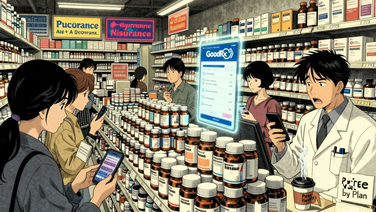 Aisle de pharmacie américaine avec clients comparant les prix sur leurs téléphones, ambiance chaotique et néon.