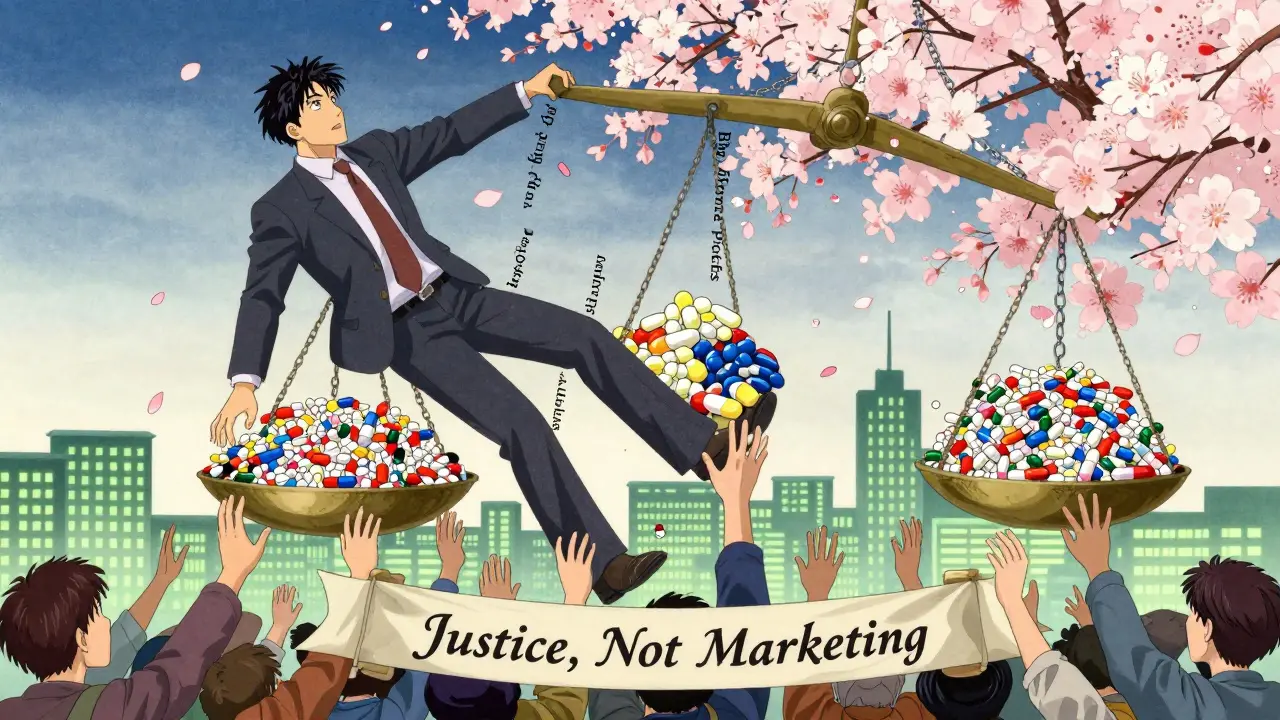 Balançoire géante où les profits pharmaceutiques luttent contre des pilules génériques et des mains de patients, sous un ciel de pétales de cerisier.