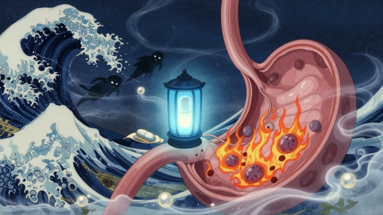 Blocage des cellules productrices d&#039;acide par un médicament H2, dans un paysage corporel stylisé de nuit.