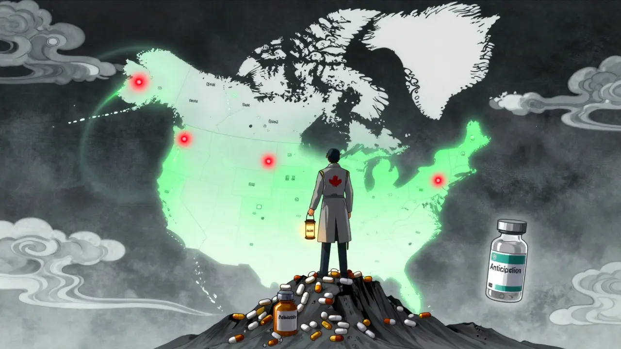 Carte de l'Amérique du Nord montrant les pénuries aux États-Unis et la stabilité au Canada, avec un agent de Santé Canada.