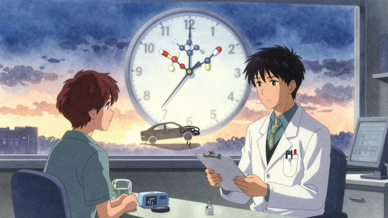 Consultation médicale au lever du jour, une horloge symbolique forme des ombres de accidents et fractures.