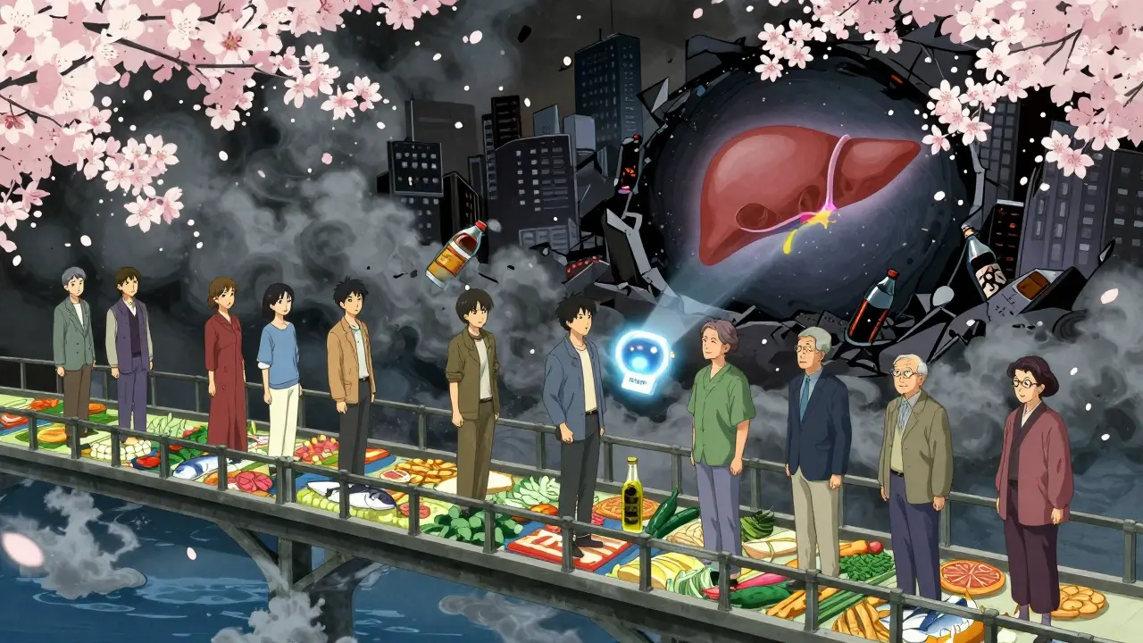 Des personnes sur un pont de nourriture saine, tandis qu'une ville de sodas s'effondre, dans un style anime artistique.