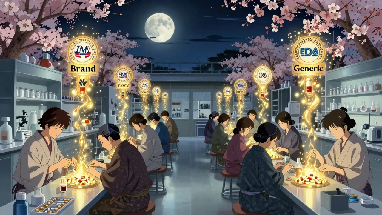 Deux lignes de fabrication de pilules identiques, l'une marquée 'Brand', l'autre 'Generic', sous un ciel lunaire avec des sceaux flottants.