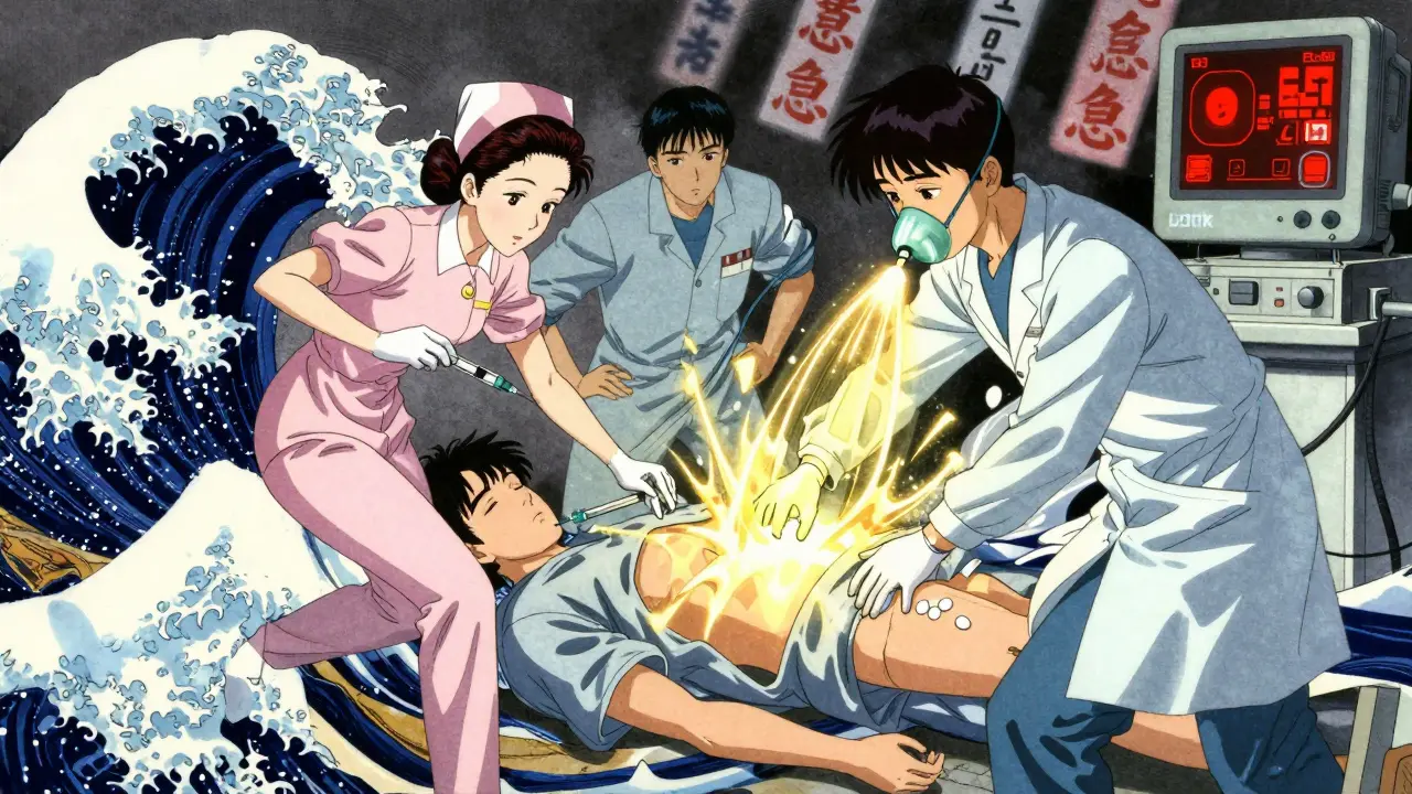 Équipe médicale administre de l'adrénaline en urgence à un patient en anaphylaxie pendant une infusion de chimiothérapie.