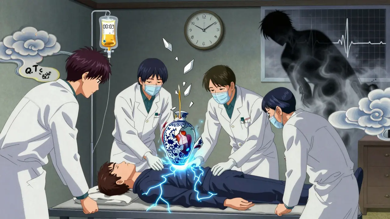 Équipe médicale réanime un patient avec un flux de sulfate de magnésium doré et un cœur en lanterne brisée.