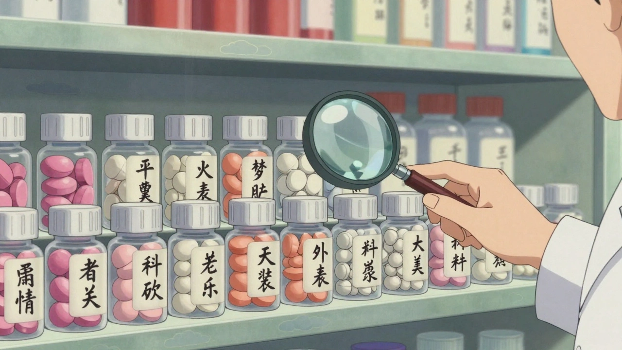 Étagère de pharmacie avec des comprimés génériques de formes et couleurs variées, dans un style anime aux influences japonaises traditionnelles.