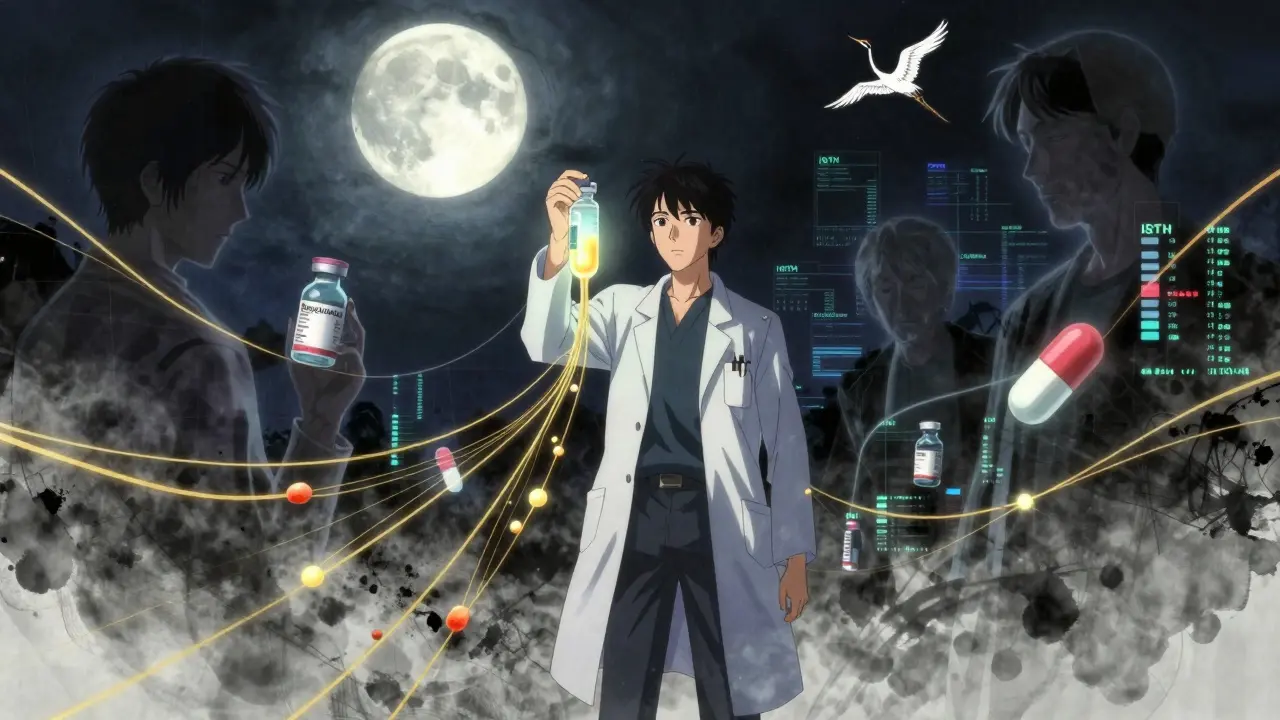 Hématologue dans une unité de soins intensifs, tenant un flacon de fibrinogène sous un ciel lunaire.