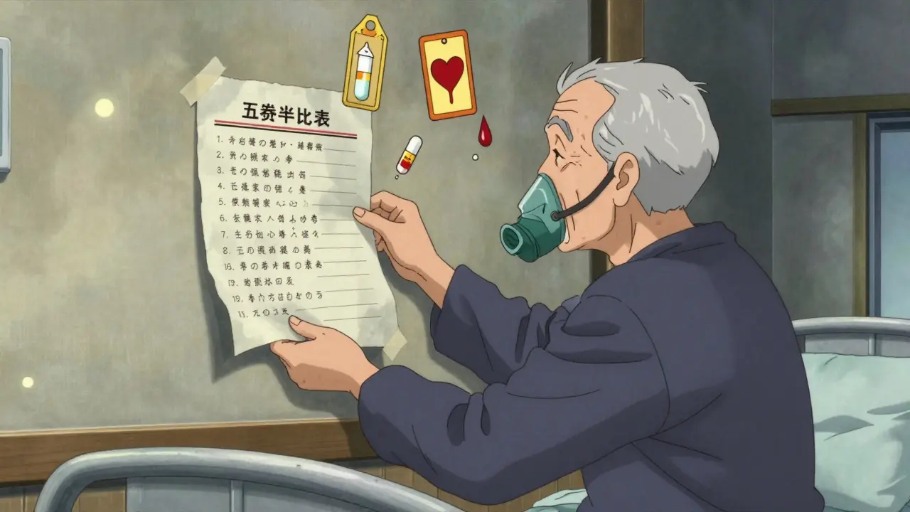 Liste manuscrite de sécurité collée au mur dans une clinique rurale, avec des balises d'alerte flottantes au-dessus des médicaments.