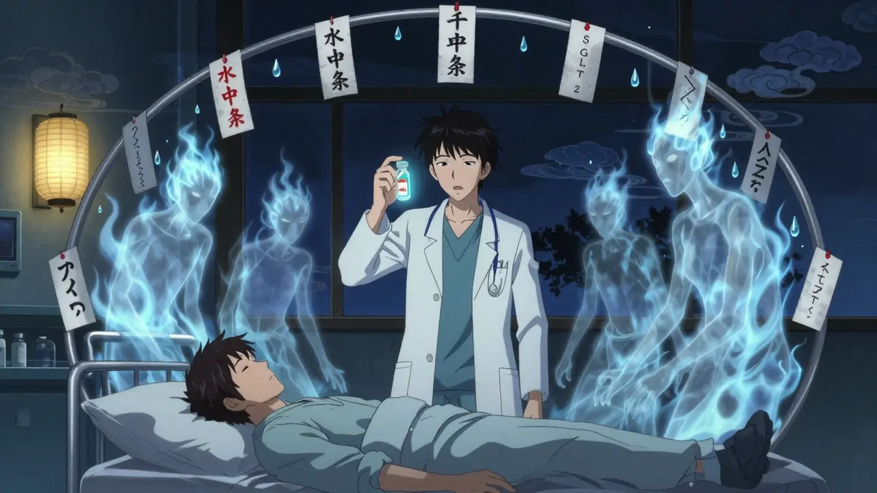 Médecin tenant un médicament au-dessus d'un patient endormi, des flammes de cétose reculant devant des charmes d'eau.