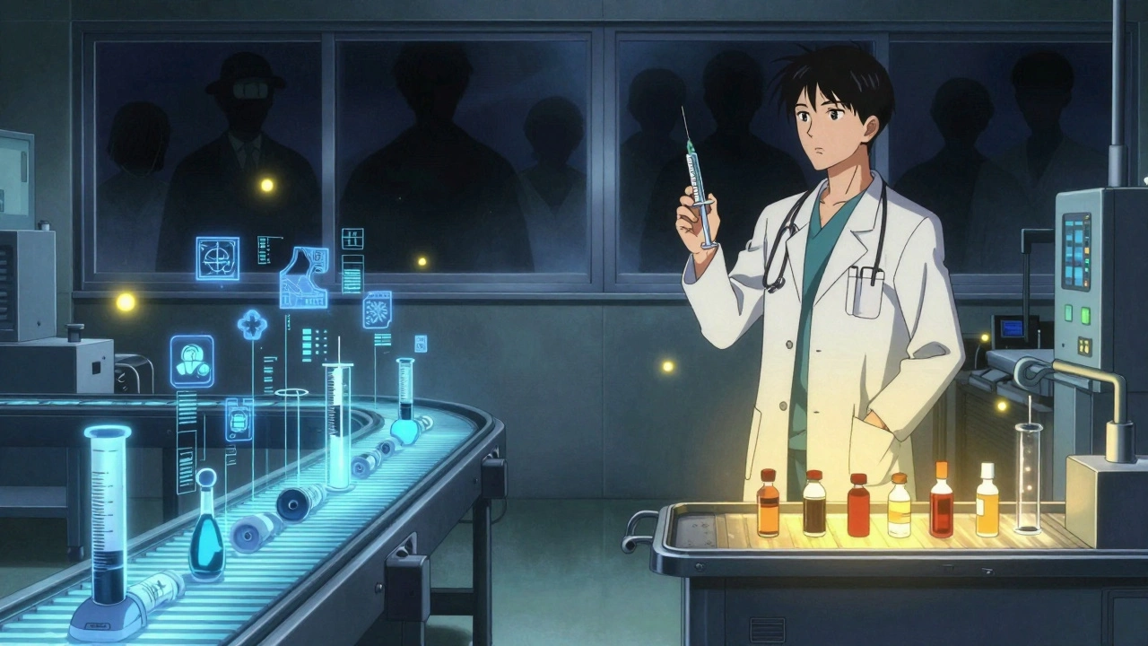 Médecin tenant une seringue vide dans une salle d&#039;urgence, tandis que deux lignes de production parallèles brillent dans l&#039;arrière-plan.