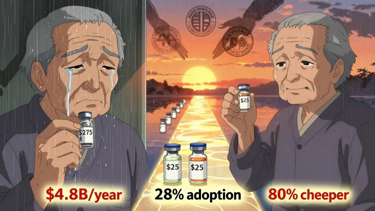 Patient âgé tenant deux flacons d'insuline : l'un cher, l'autre à 25 $, avec un chemin de biosimilaires en arrière-plan.