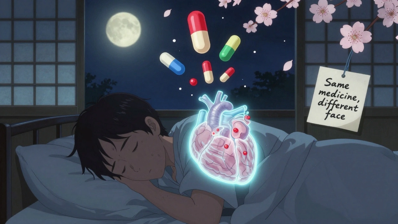 Patient endormi avec des comprimés flottants se transformant en une forme unifiée, sous une lumière de lune douce, style anime ukiyo-e.