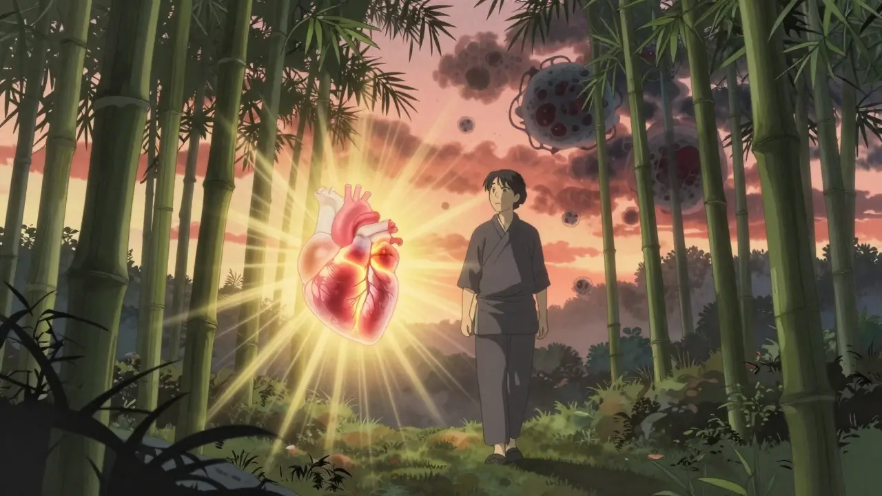 Patient marchant dans une forêt de bambou, cœur et rein brillants, entourés de lumière protectrice.