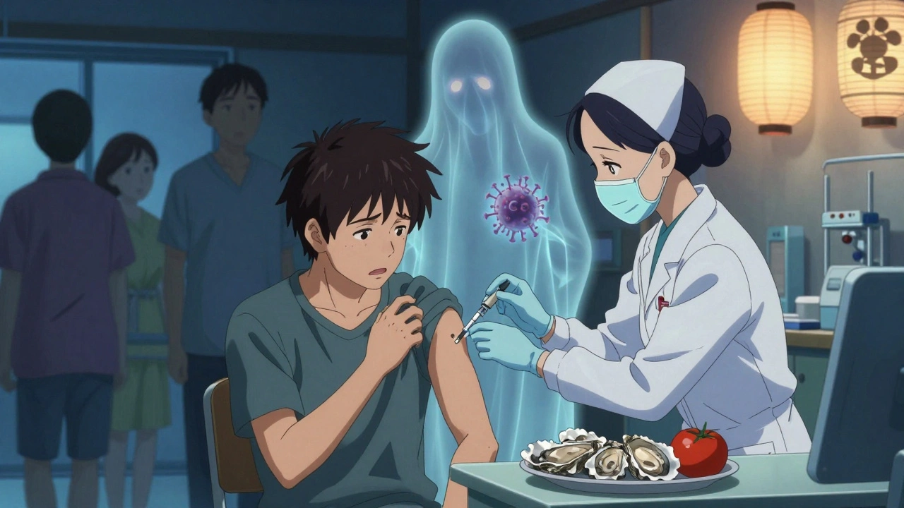 Patient recevant un vaccin contre l&#039;hépatite A dans une clinique, avec le virus flottant près de fruits de mer.